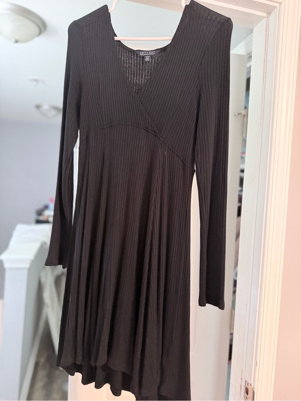 American Eagle Black Ribbed Long-Sleeve Wrap Dress
